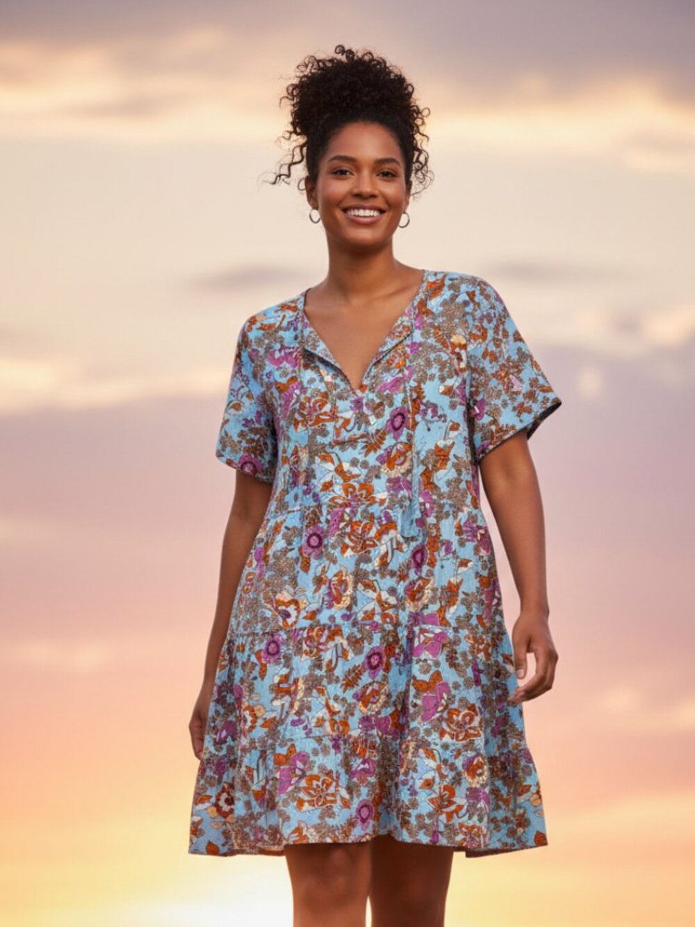 Dokotoo XL Tiered A-Line Dress Pintuck Tassel Tie Boho Knee Length